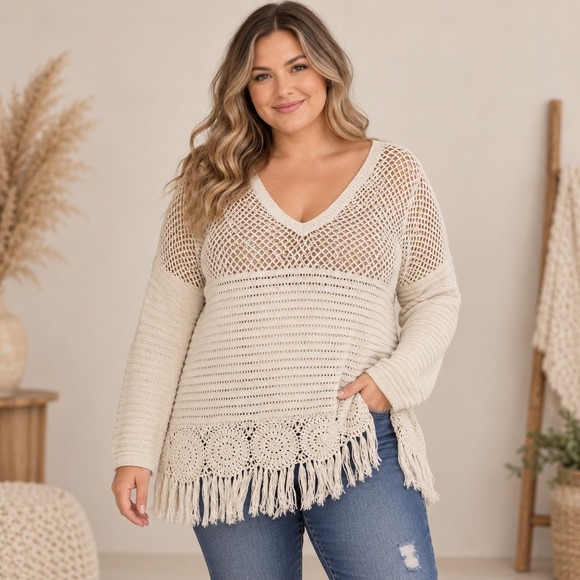 Nine West Vintage America Collection Sweaters - Nine West Cream Crochet Fringe Sweater Women's XL Boho Chic Fairy Grunge Coastal